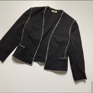 L’Agence Black Textured Fringe Trim Open Blazer